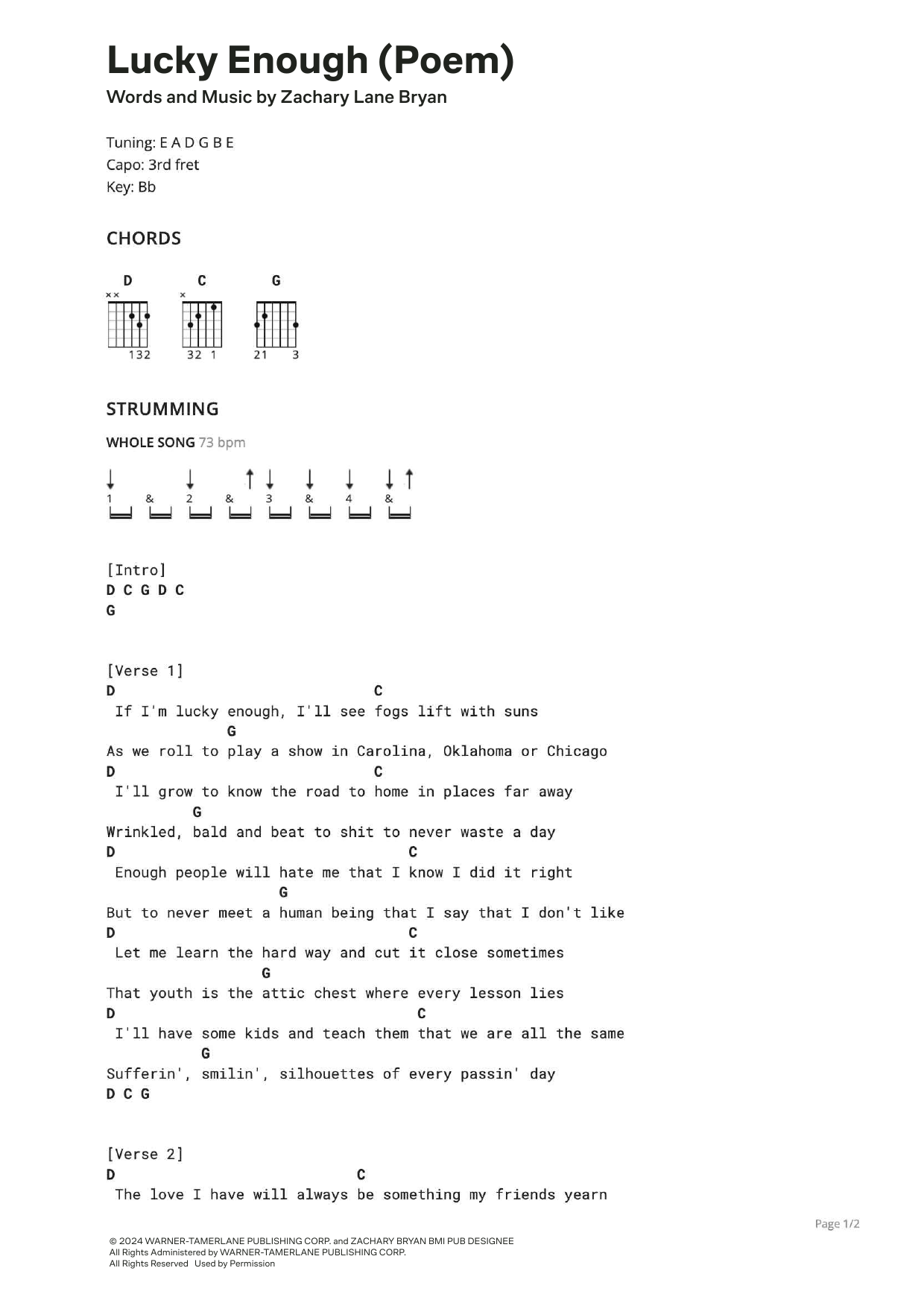 Zach Bryan Lucky Enough (Poem) sheet music notes and chords. Download Printable PDF.