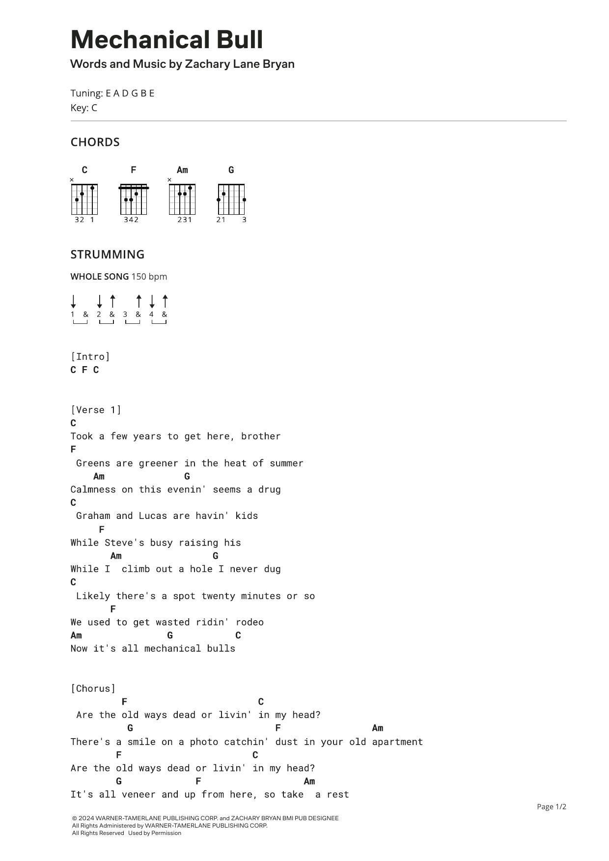 Zach Bryan Mechanical Bull sheet music notes and chords. Download Printable PDF.