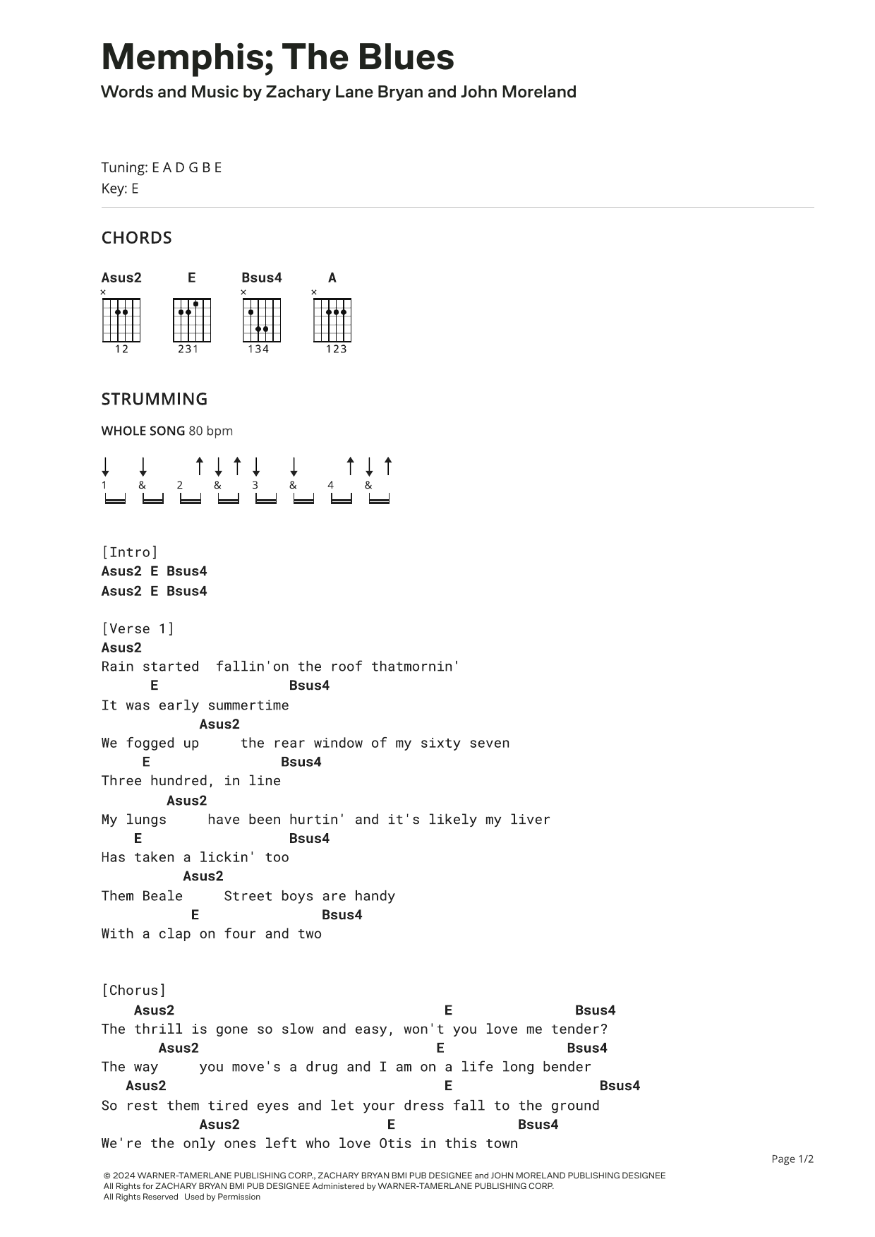 Zach Bryan Memphis; The Blues (feat. John Moreland) sheet music notes and chords. Download Printable PDF.