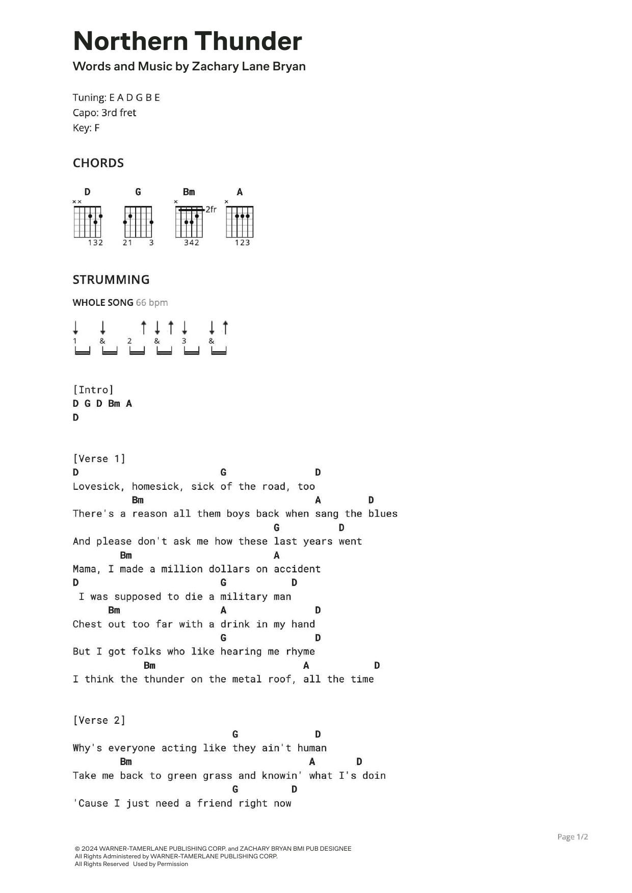 Zach Bryan Northern Thunder sheet music notes and chords. Download Printable PDF.