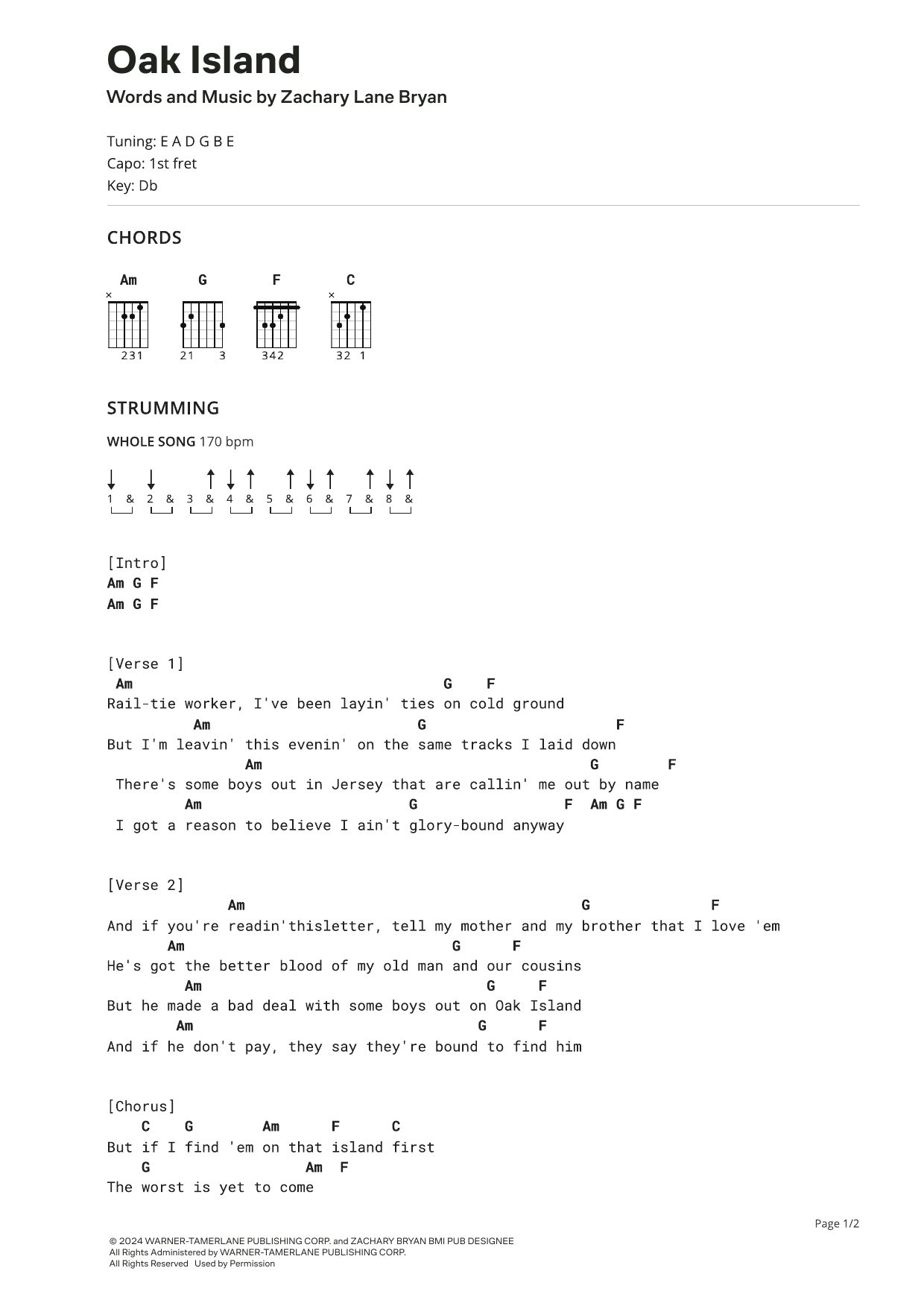 Zach Bryan Oak Island sheet music notes and chords. Download Printable PDF.