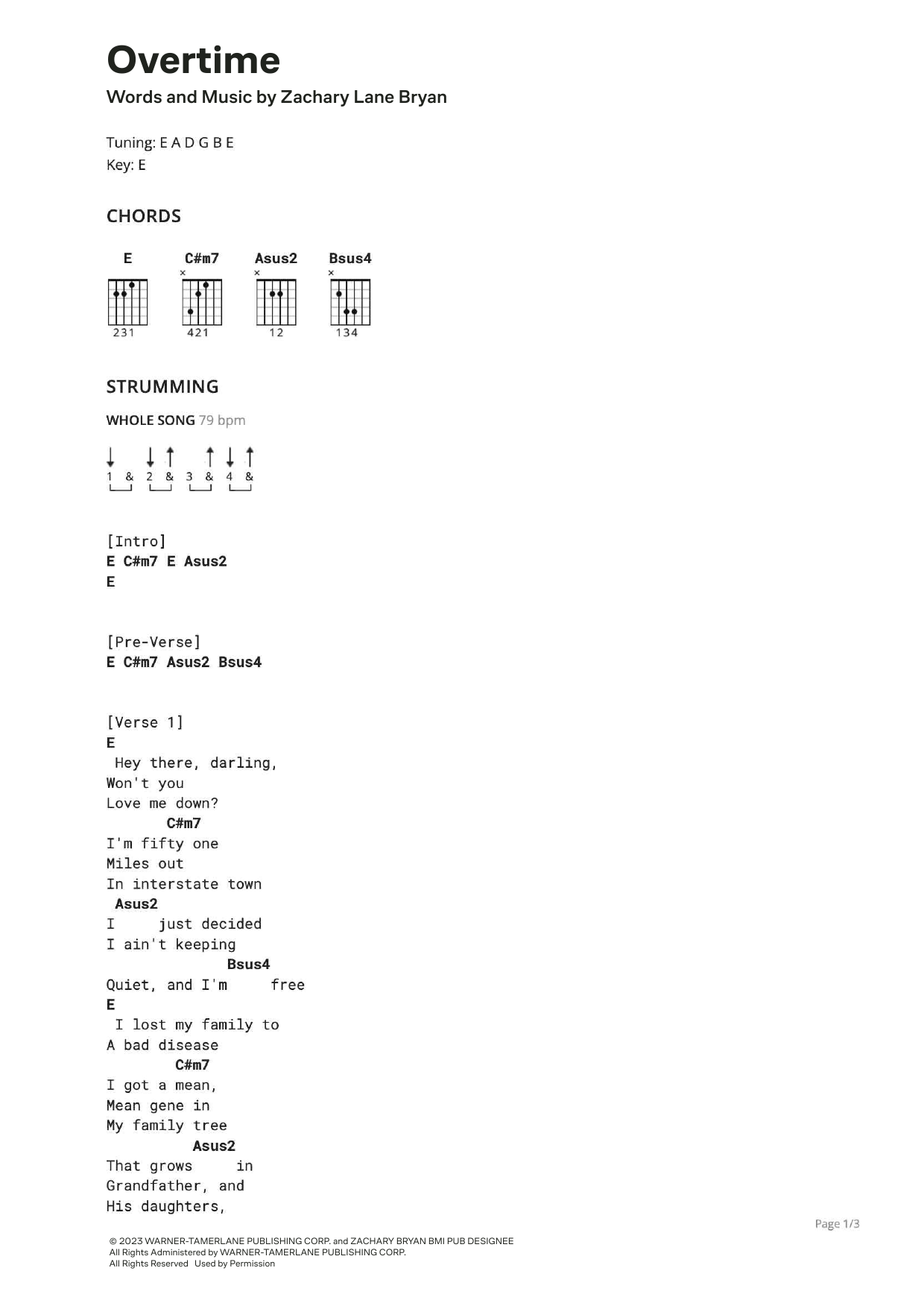 Zach Bryan Overtime sheet music notes and chords. Download Printable PDF.