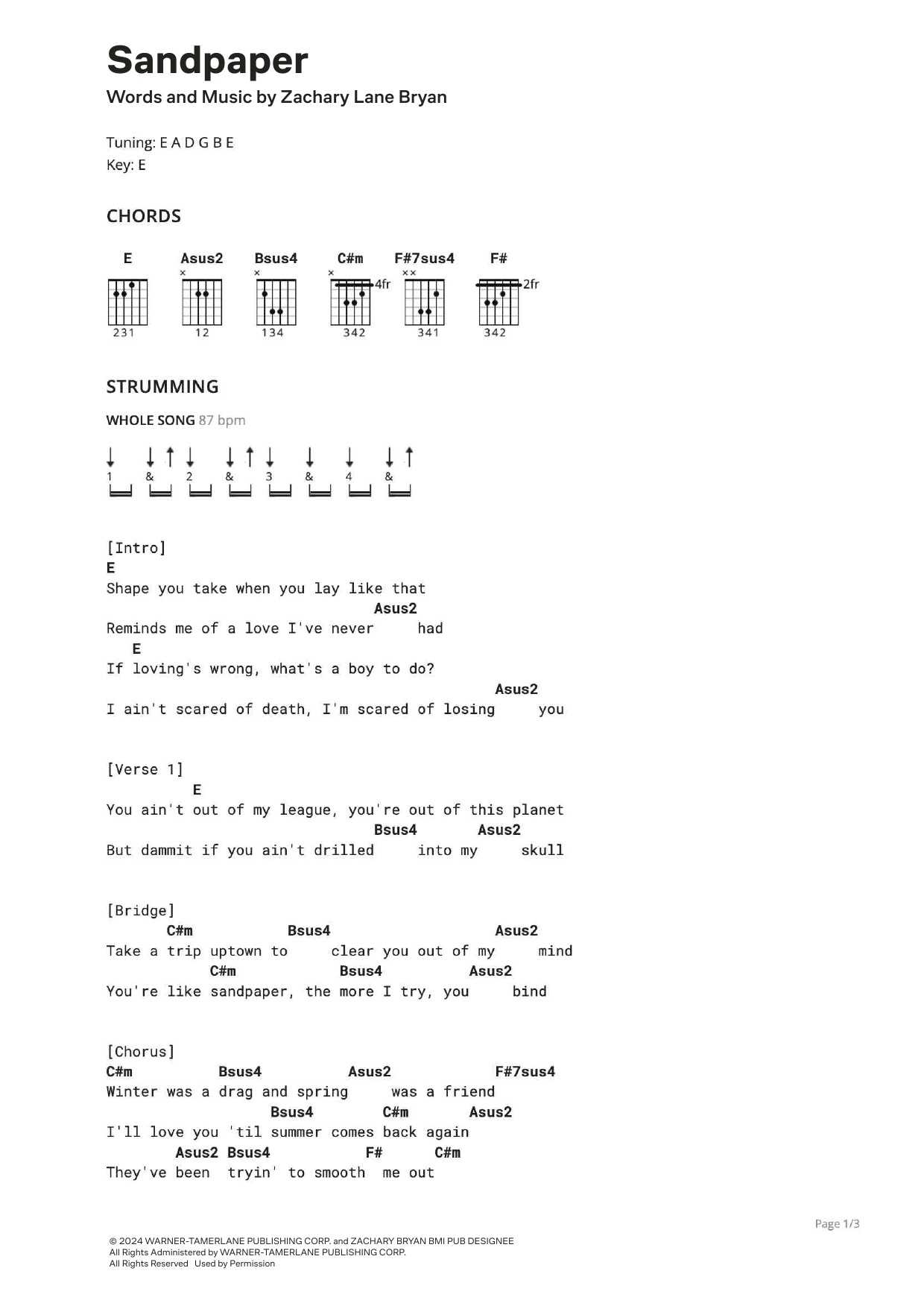 Zach Bryan Sandpaper (feat. Bruce Springsteen) sheet music notes and chords. Download Printable PDF.