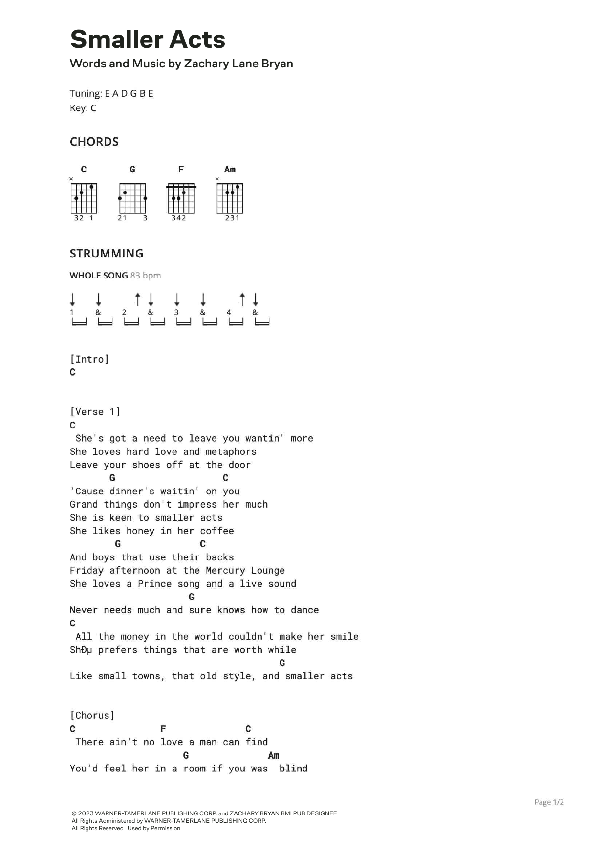 Zach Bryan Smaller Acts sheet music notes and chords. Download Printable PDF.