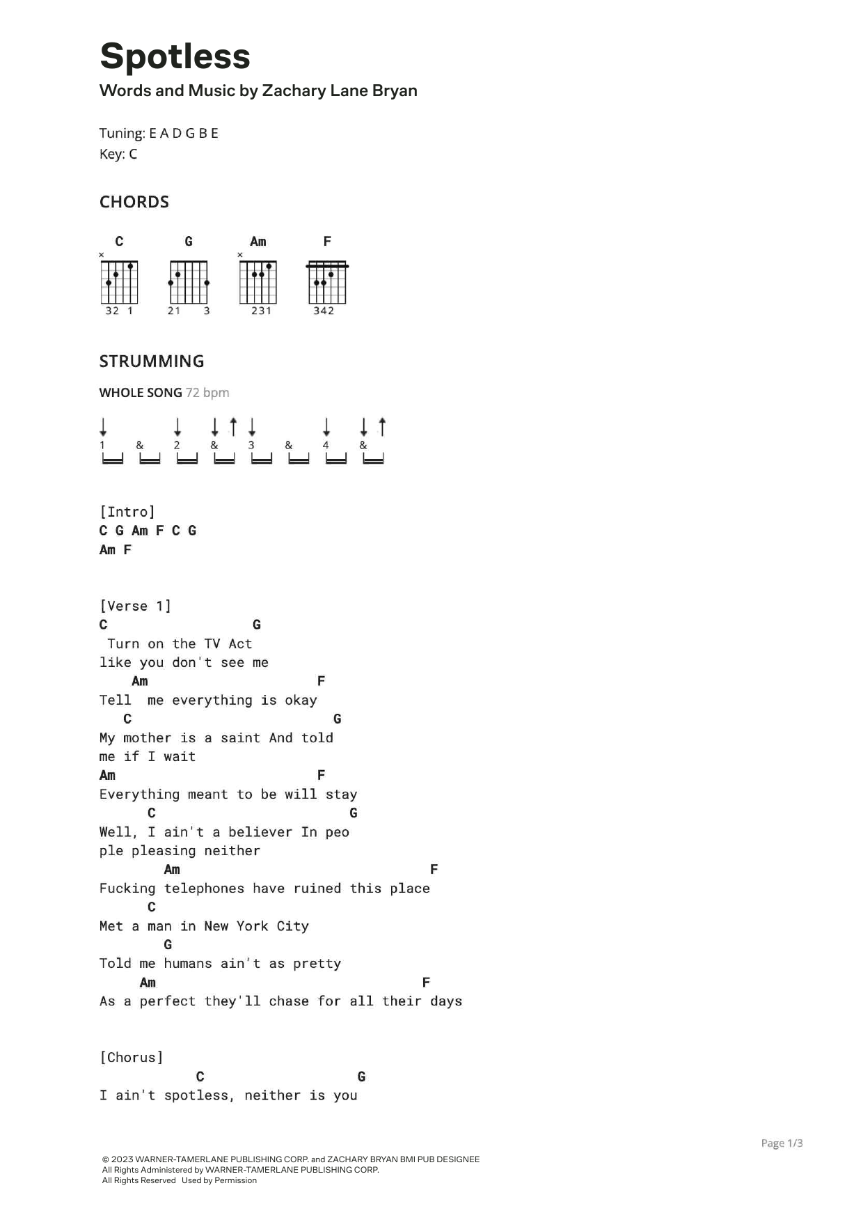 Zach Bryan Spotless (feat. The Lumineers) sheet music notes and chords. Download Printable PDF.