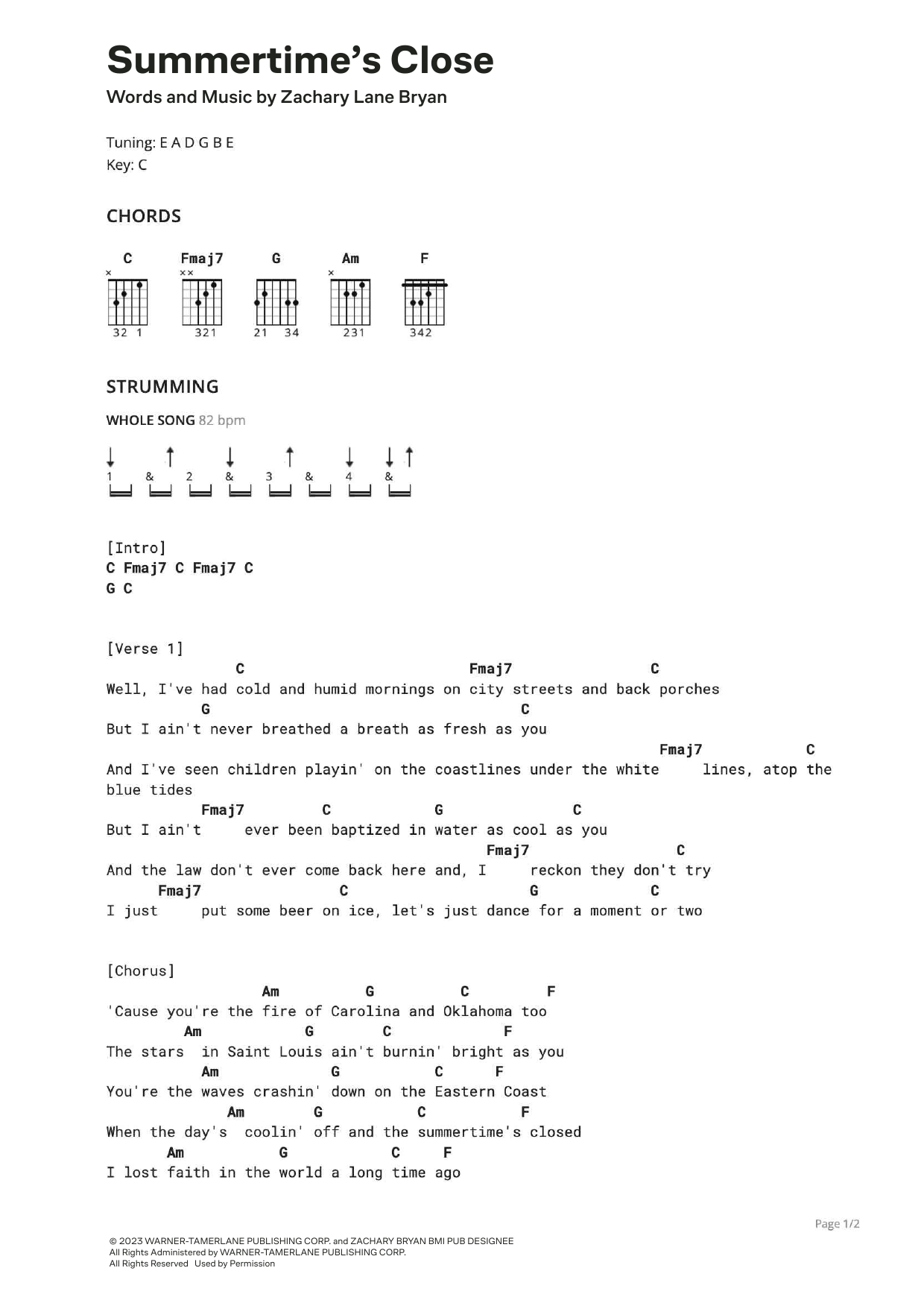 Zach Bryan Summertime's Close sheet music notes and chords. Download Printable PDF.