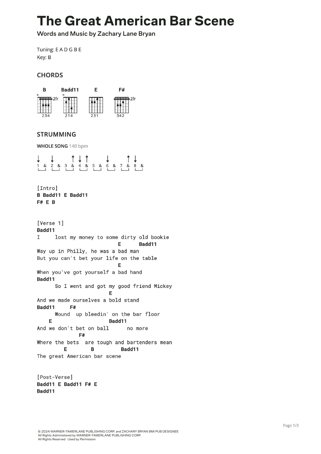 Zach Bryan The Great American Bar Scene sheet music notes and chords. Download Printable PDF.