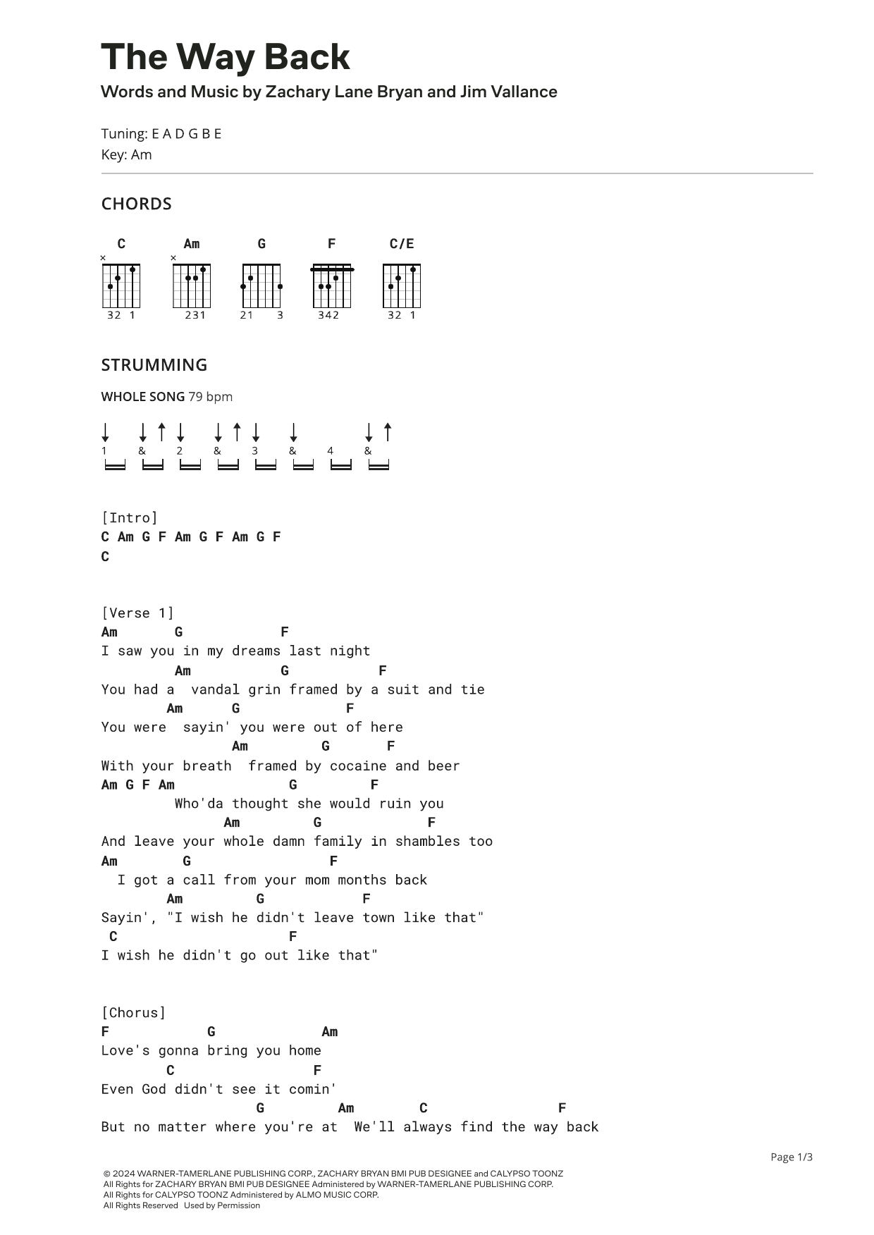 Zach Bryan The Way Back sheet music notes and chords. Download Printable PDF.