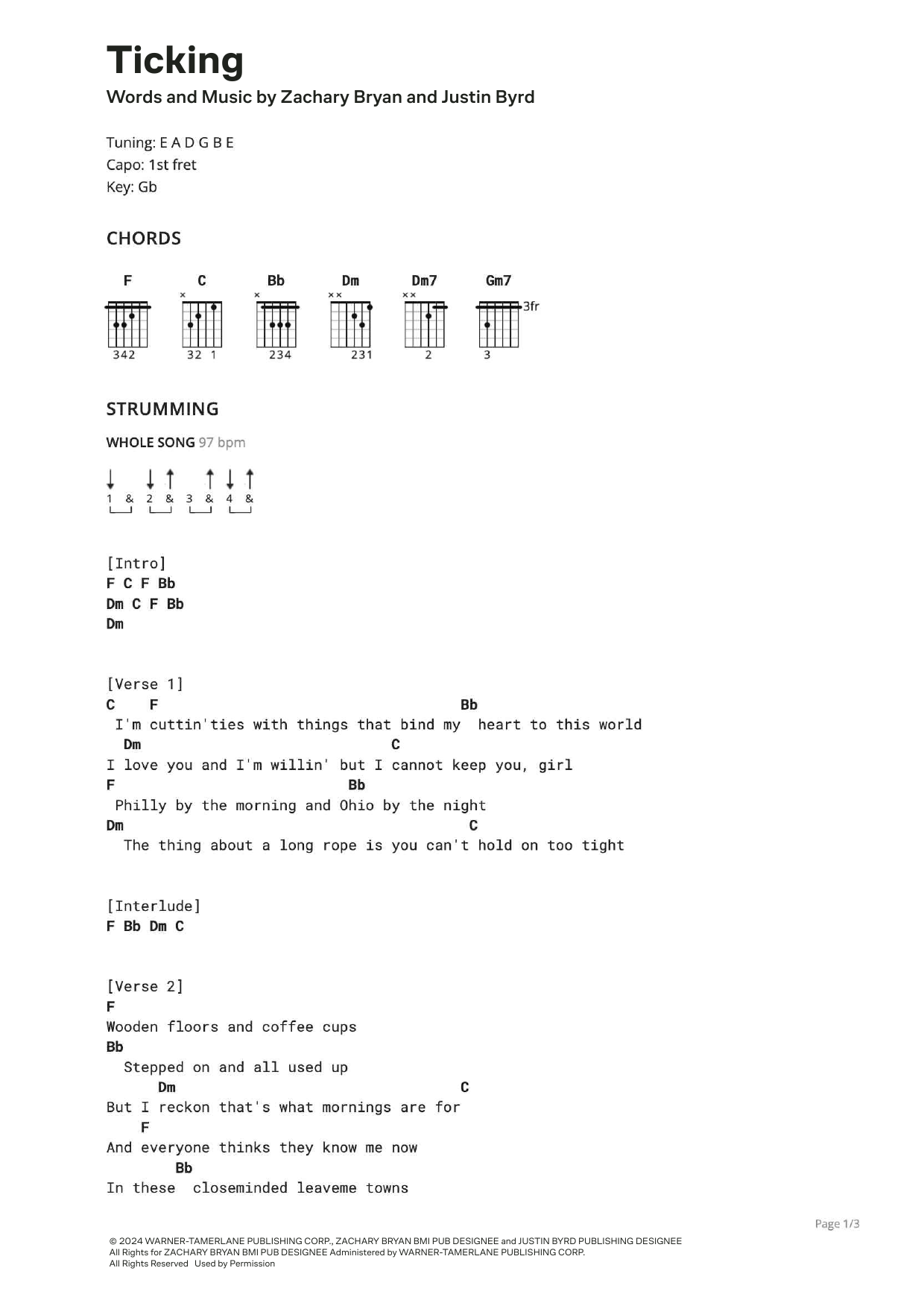 Zach Bryan Ticking sheet music notes and chords. Download Printable PDF.