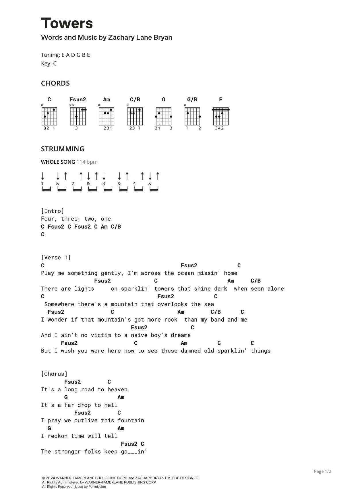 Zach Bryan Towers sheet music notes and chords. Download Printable PDF.