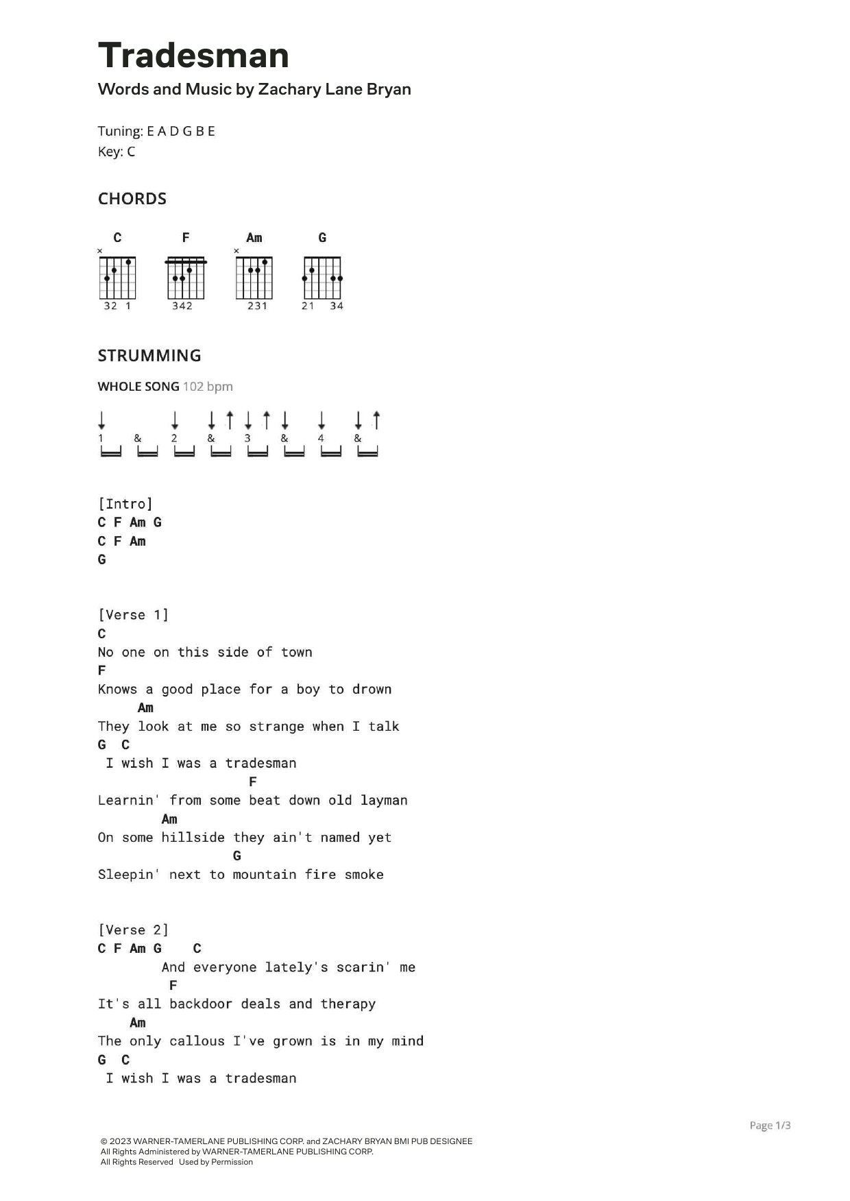 Zach Bryan Tradesman sheet music notes and chords. Download Printable PDF.