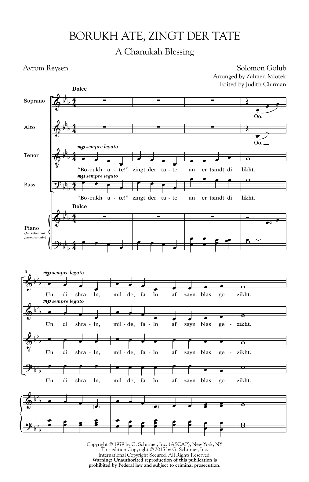 Learn to play Solomon Golub Burukh Ate, Zingt Der Tate (arr. Zalmen Mlotek) sheet music for SATB Choir in minutes. Price: 3.9900$ Solomon Golub Burukh Ate, Zingt Der Tate (arr. Zalmen Mlotek) sheet music notes and chords arranged for SATB Choir