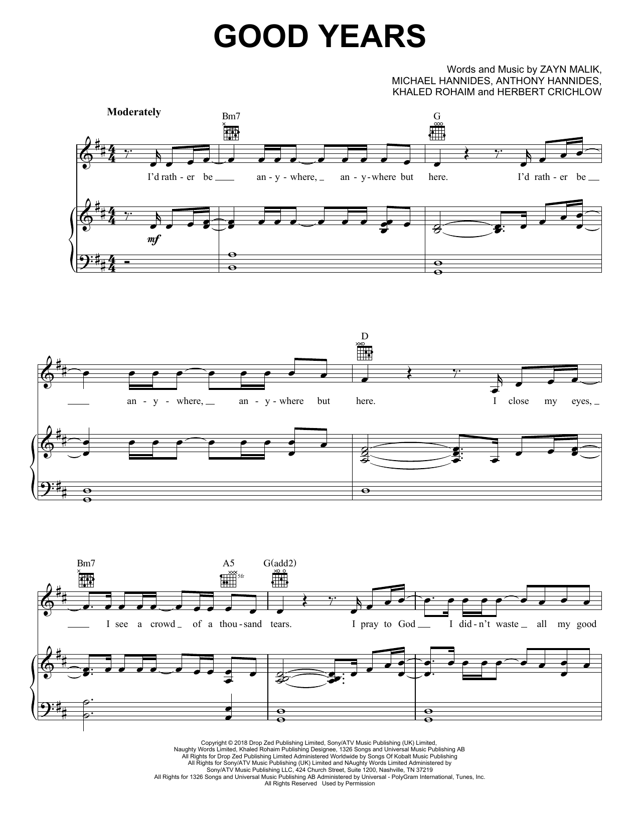 Zayn Good Years sheet music notes and chords. Download Printable PDF.