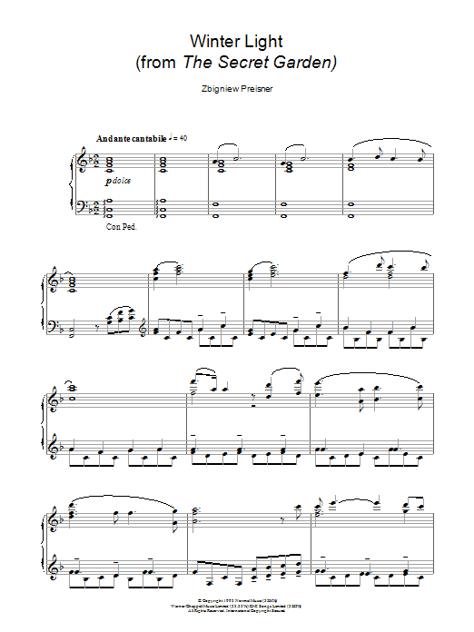 Zbigniew Preisner Winter Light (from the film The Secret Garden) sheet music notes and chords. Download Printable PDF.