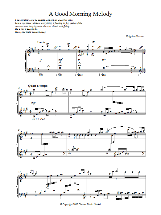 Learn to play Zbigniew Preisner A Good Morning Melody sheet music for Piano Solo in minutes. Zbigniew Preisner A Good Morning Melody sheet music notes and chords