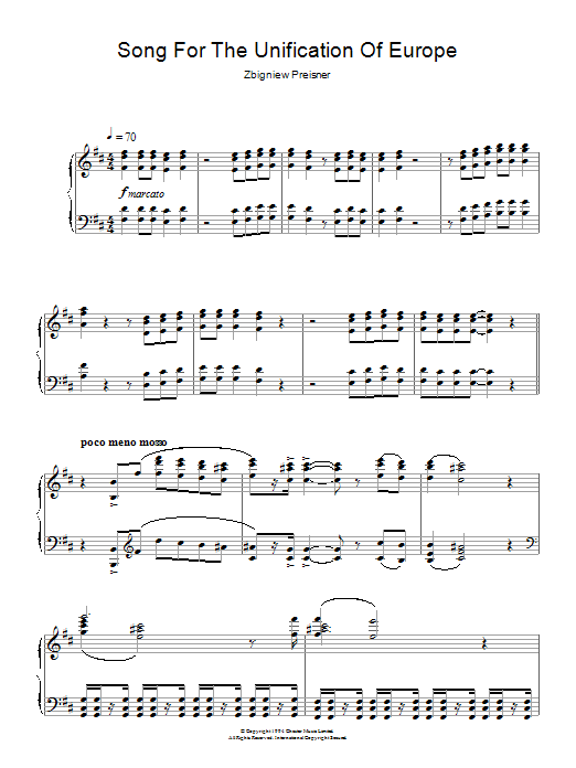 Learn to play Zbigniew Preisner Song For The Unification Of Europe (from Three Colours Blue) sheet music for Piano Solo in minutes. Zbigniew Preisner Song For The Unification Of Europe (from Three Colours Blue) sheet music notes and chords. Download Printable PDF.