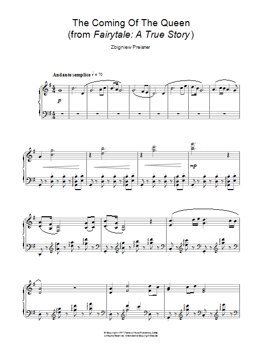 Learn to play Zbigniew Preisner The Coming Of The Queen (from the film Fairytale: A True Story) sheet music for Piano Solo in minutes. Zbigniew Preisner The Coming Of The Queen (from the film Fairytale: A True Story) sheet music notes and chords. Download Printable PDF.