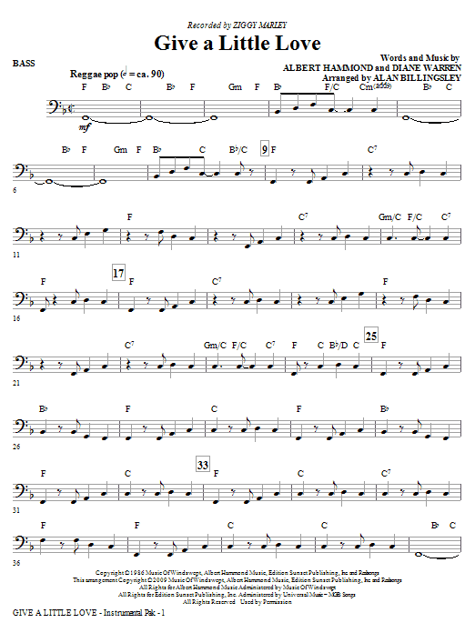 Learn to play Ziggy Marley Give A Little Love (arr. Alan Billingsley) - Bass sheet music for Choir Instrumental Pak in minutes. Price: 8.9900$ Ziggy Marley Give A Little Love (arr. Alan Billingsley) - Bass sheet music notes and chords arranged for Choir Instrumental Pak