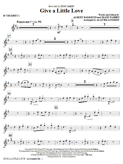 Learn to play Ziggy Marley Give A Little Love (arr. Alan Billingsley) - Bb Trumpet 1 sheet music for Choir Instrumental Pak in minutes. Price: 8.9900$ Ziggy Marley Give A Little Love (arr. Alan Billingsley) - Bb Trumpet 1 sheet music notes and chords arranged for Choir Instrumental Pak