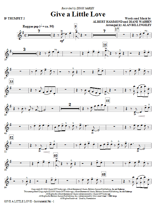 Learn to play Ziggy Marley Give A Little Love (arr. Alan Billingsley) - Bb Trumpet 2 sheet music for Choir Instrumental Pak in minutes. Price: 8.9900$ Ziggy Marley Give A Little Love (arr. Alan Billingsley) - Bb Trumpet 2 sheet music notes and chords arranged for Choir Instrumental Pak