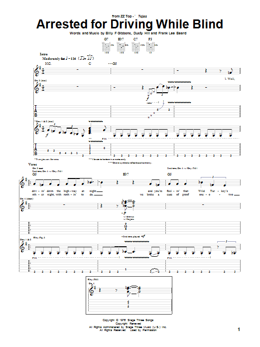 Learn to play ZZ Top Arrested For Driving While Blind sheet music for Guitar Tab in minutes. Price: 7.8900$ ZZ Top Arrested For Driving While Blind sheet music notes and chords arranged for Guitar Tab