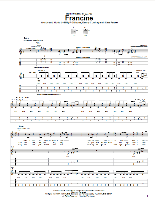 ZZ Top "Francine" Sheet Music PDF Notes, Chords | Pop Score Easy Guitar Download Printable. SKU: 23187
