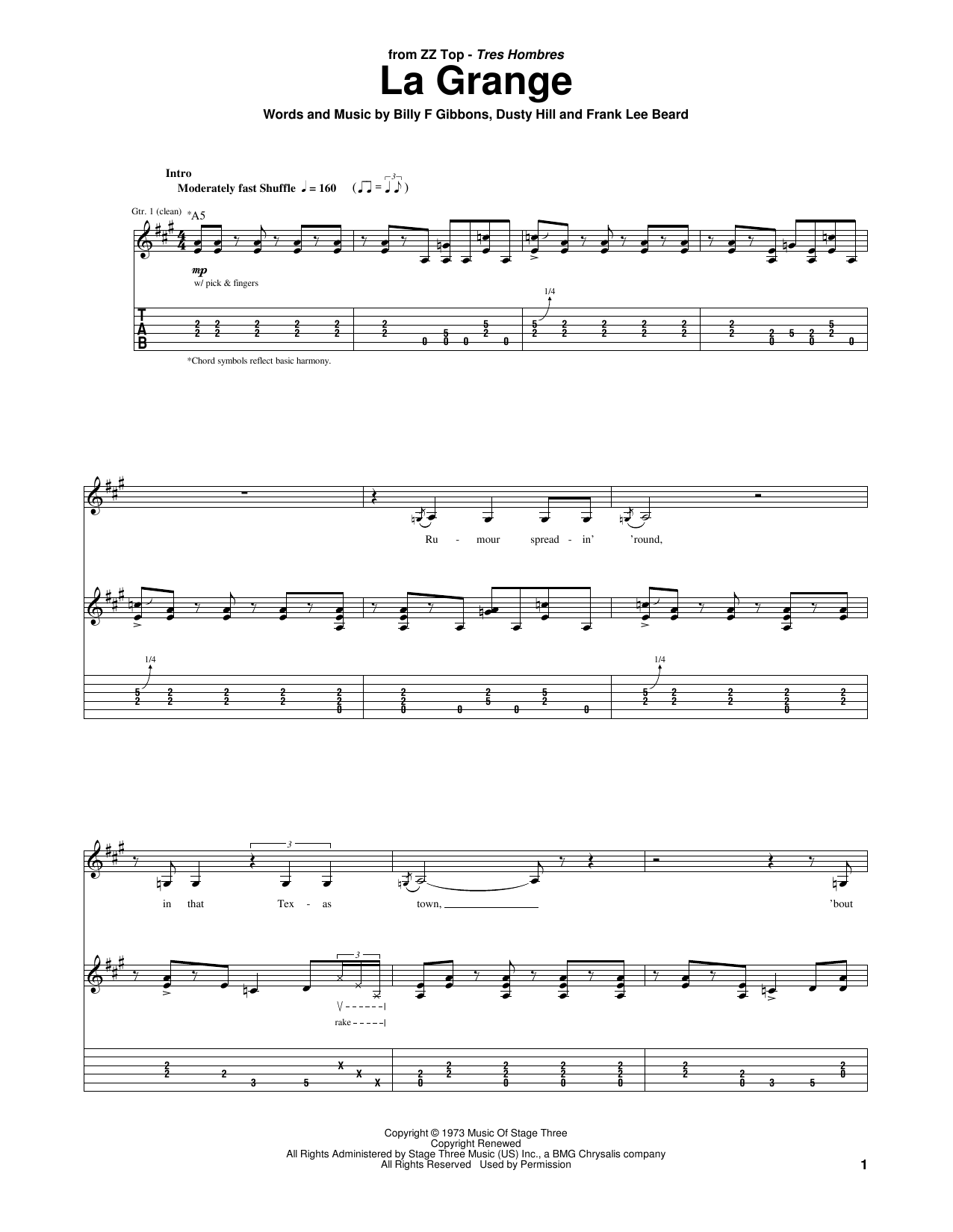 ZZ Top La Grange sheet music notes and chords. Download Printable PDF.