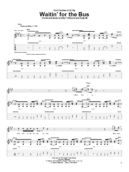 Learn to play ZZ Top Waitin' For The Bus sheet music for Guitar Tab in minutes. ZZ Top Waitin' For The Bus sheet music notes and chords. Download Printable PDF.
