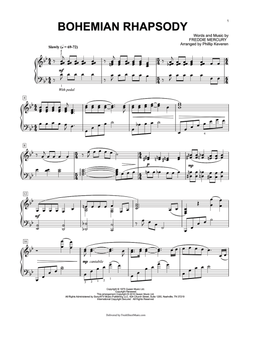Presenting Queen Bohemian Rhapsody sheet music for easy Piano